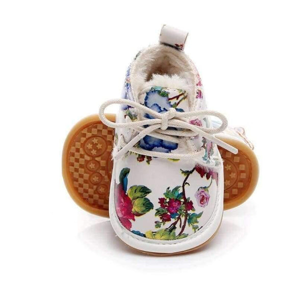 Winter super warm floral printing PU leather with fur baby moccasins infant baby girl boys shoes lace up boot - Planet Gates