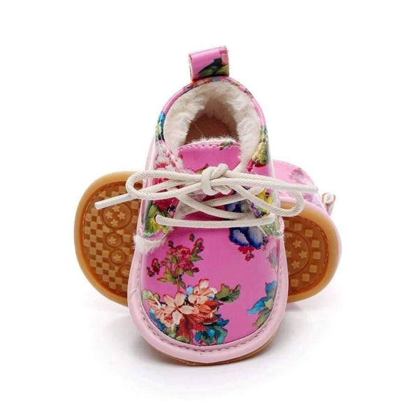 Planet Gates black / 2 Winter super warm floral printing PU leather with fur baby moccasins infant baby girl boys shoes lace up boot