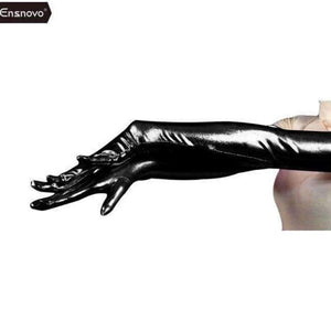 Planet Gates black / 22inch Ensnovo Women Spandex Polyester Black Shiny Metallic 22" Long Sleeve Cosplay Costumes Wet Look Opera Length Evening Gloves