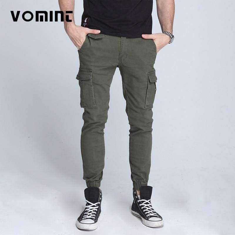 Vomint New Mens Pants Elastic Foot Close Skinny Pants Tactical Military Mens Cargo Pants Multi-Pocket Overalls (No Belt)