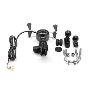 Planet Gates Black 2in1 USB Universal Chargeable Motorcycle Phone Holder 360 Motor bike handlebar Rotating Mount Mobile Rearview Mirro Phone Stand