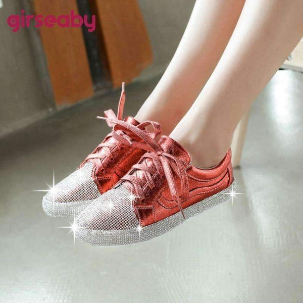 Planet Gates Black / 3 Girseaby Women Vulcanized Shoes Sneakers Ladies Cystal bling Lace-up Casual Shoes Walking Flats Shoes