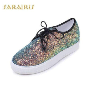 Planet Gates Black / 3 SaraIris Women's Glitter Upper Lace Up Casual Sneakers Woman Round Toe Comfortable Vulcanize Shoes