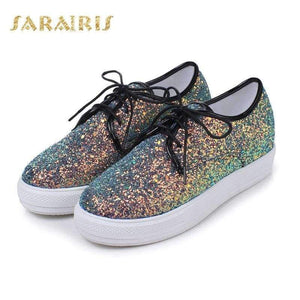 Sarairis Womens Glitter Upper Lace Up Casual Sneakers Woman Round Toe Comfortable Vulcanize Shoes
