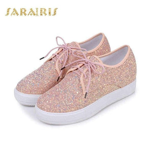 Planet Gates Black / 3 SaraIris Women's Glitter Upper Lace Up Casual Sneakers Woman Round Toe Comfortable Vulcanize Shoes