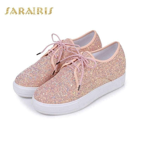 Planet Gates Black / 3 SaraIris Women's Glitter Upper Lace Up Casual Sneakers Woman Round Toe Comfortable Vulcanize Shoes