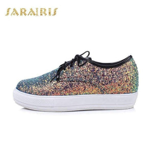 Sarairis Womens Glitter Upper Lace Up Casual Sneakers Woman Round Toe Comfortable Vulcanize Shoes