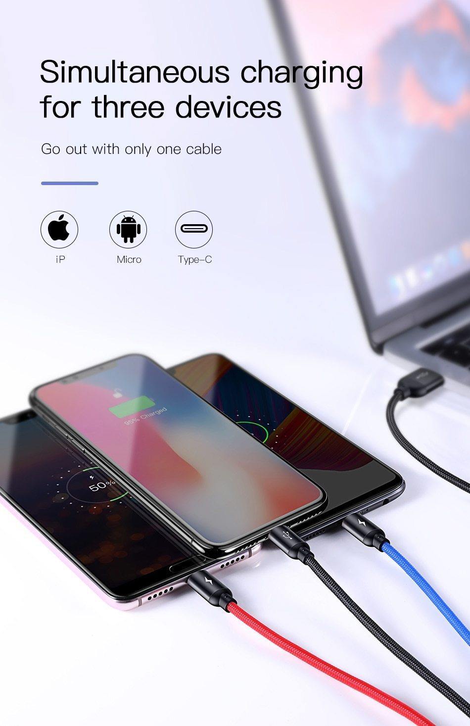 Planet Gates Baseus 3 in 1 3.5A USB Cable For iPhone Xs Max Xr X 8 7 Fast Charging Charger USB Type C Type-c Micro USB Cable For Mobile Phone