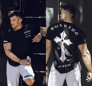 Men Fitness T-shirt Short Sleeve Cotton T Shirt Muscle Man Summer Casual Fashion Creativity Print Tee Tops High Street Clothing