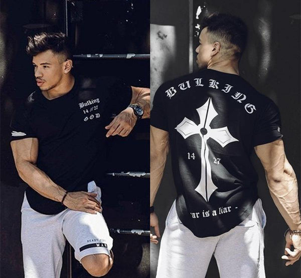 Men Summer Gyms Fitness Workout T-shirt Short Sleeve Cotton Slim T Shirt Male Casual Fashion O-Neck Print Tee Tops Clothing