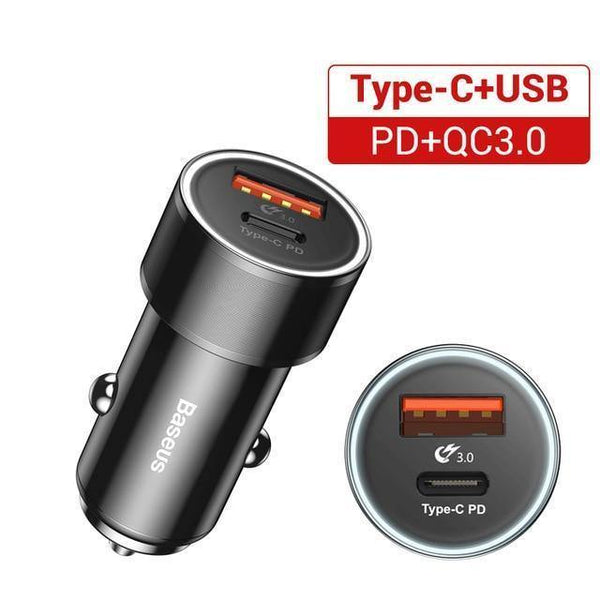 Planet Gates Black 36W Dual USB Quick Charge QC 3.0 Car Charger For iPhone USB Type-C PD Fast Charger Mobile Phone Quick Charger Car-Charger