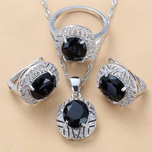 Planet Gates Black 3PCS / 9 Wedding Costume 925 Sterling Silver 6-Color Big Jewelry Sets With Natural Stone CZ Green Accessories Clip Dangle Earrings And Ring Sets