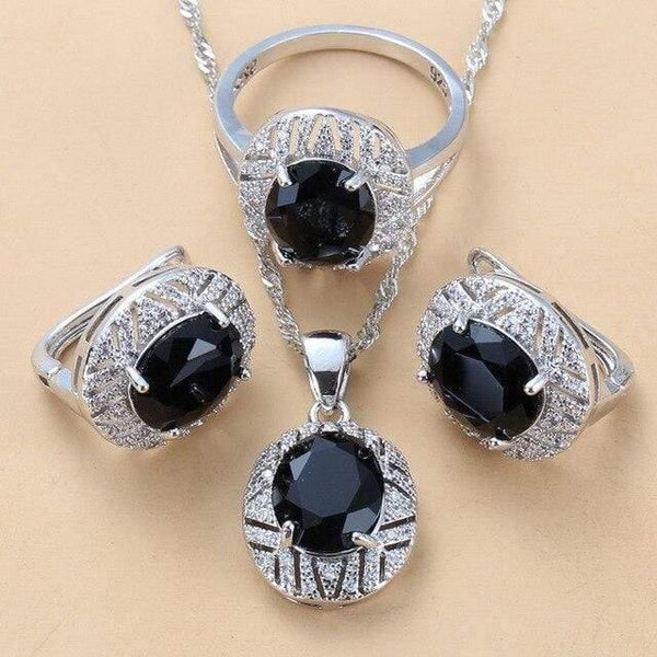 Planet Gates Black 3PCS / 9 Wedding Costume 925 Sterling Silver 6-Color Big Jewelry Sets With Natural Stone CZ Green Accessories Clip Dangle Earrings And Ring Sets