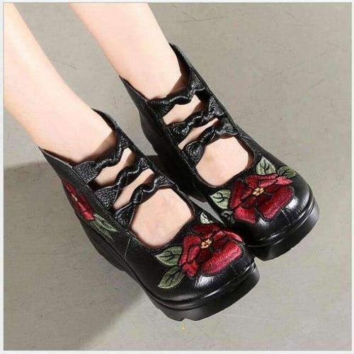 Planet Gates Black / 4 2018 New Arrival Women Genuine Leather Women Flats Platform shoes ethnic style embroidery with Zip Casual Ladies Loafers Shoes