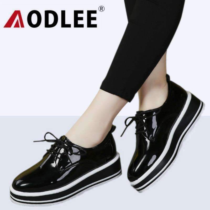 Planet Gates Black / 4 AODLEE Spring Autumn Platform Leather Shoes Women Creepers Casual Shoes Woman Flats Lace-Up Black Ladies Shoes Zapatos Mujer