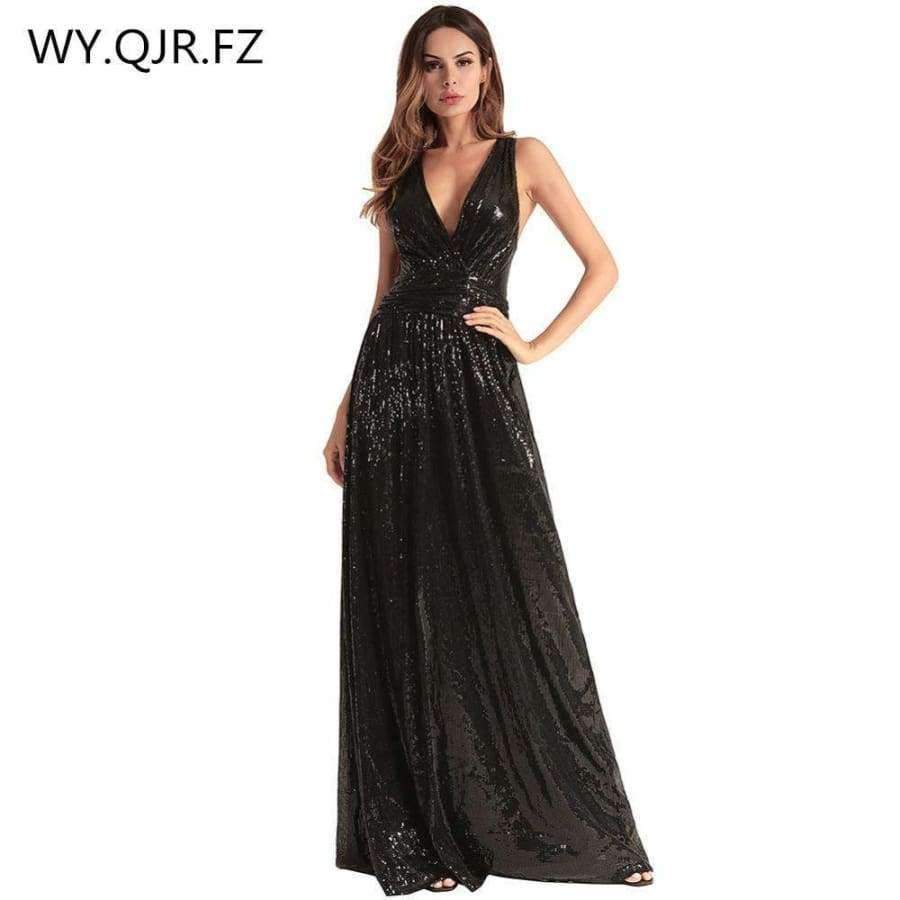 Planet Gates Black / 4 European American fashion women back strap sexy black long Bridesmaid dresses cross-back sequined wedding party dress