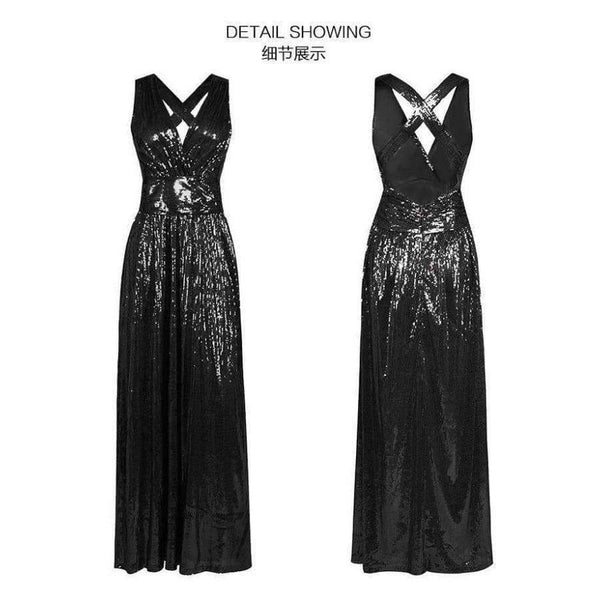 Planet Gates Black / 4 European American fashion women back strap sexy black long Bridesmaid dresses cross-back sequined wedding party dress