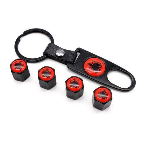 Planet Gates Black 4Pcs Zinc Alloy Albania flag Car Wheel Tire Valve Caps Air Cover+1Pcs Leather Buckle Wrench Car Styling Accessories