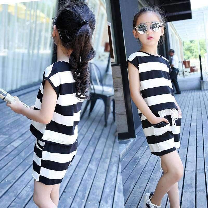 Planet Gates Black / 4T Children's Clothes Set Big Girls Summer New Fashion Short Sleeve Stripe Top Shorts 2pc Set Teenage Girl Casual Suit 4-16 Year