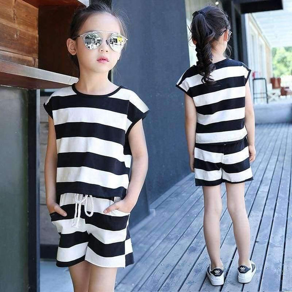 Planet Gates Black / 4T Children's Clothes Set Big Girls Summer New Fashion Short Sleeve Stripe Top Shorts 2pc Set Teenage Girl Casual Suit 4-16 Year