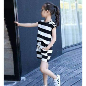 Planet Gates Black / 4T Children's Clothes Set Big Girls Summer New Fashion Short Sleeve Stripe Top Shorts 2pc Set Teenage Girl Casual Suit 4-16 Year