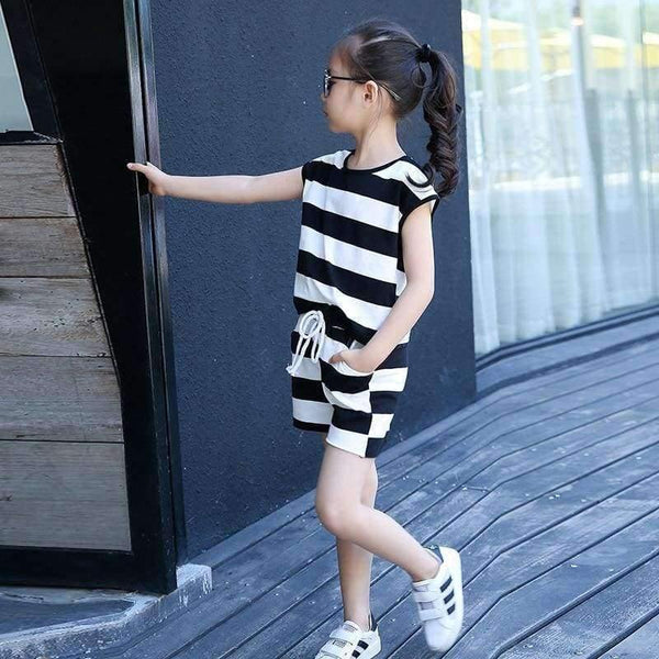 Planet Gates Black / 4T Children's Clothes Set Big Girls Summer New Fashion Short Sleeve Stripe Top Shorts 2pc Set Teenage Girl Casual Suit 4-16 Year