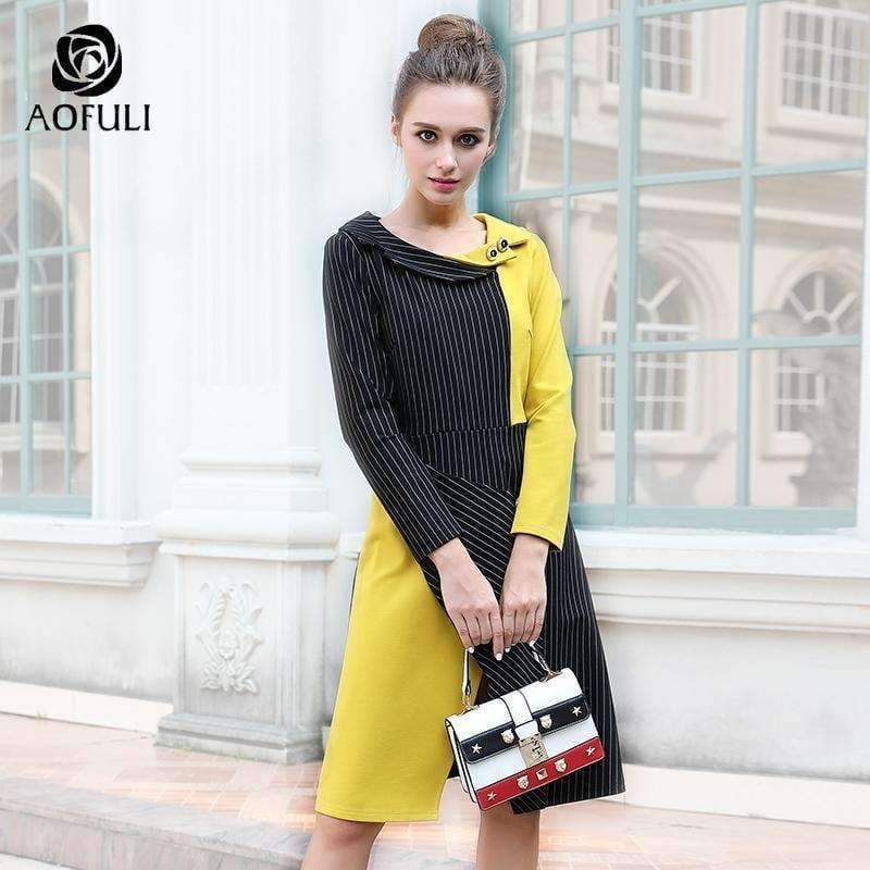AOFULI M- 3XL 4XL Runway design asymmetrical dress Plus size autumn long sleeve knee-length stripe print dress Yellow B6269