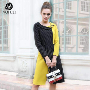 Planet Gates Black / 4XL AOFULI M- 3XL 4XL Runway design asymmetrical dress Plus size autumn long sleeve knee-length stripe print dress Yellow B6269
