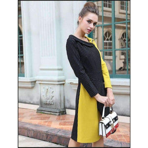 Planet Gates Black / 4XL AOFULI M- 3XL 4XL Runway design asymmetrical dress Plus size autumn long sleeve knee-length stripe print dress Yellow B6269