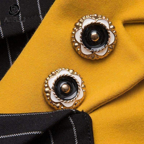 Planet Gates Black / 4XL AOFULI M- 3XL 4XL Runway design asymmetrical dress Plus size autumn long sleeve knee-length stripe print dress Yellow B6269