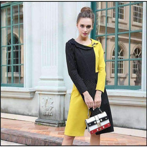 Planet Gates Black / 4XL AOFULI M- 3XL 4XL Runway design asymmetrical dress Plus size autumn long sleeve knee-length stripe print dress Yellow B6269
