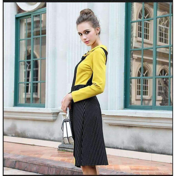 Planet Gates Black / 4XL AOFULI M- 3XL 4XL Runway design asymmetrical dress Plus size autumn long sleeve knee-length stripe print dress Yellow B6269