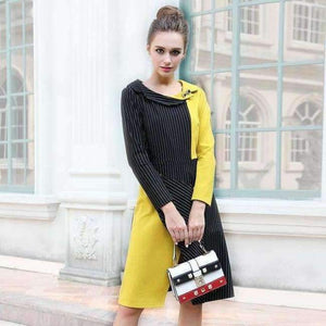 Planet Gates Black / 4XL AOFULI M- 3XL 4XL Runway design asymmetrical dress Plus size autumn long sleeve knee-length stripe print dress Yellow B6269