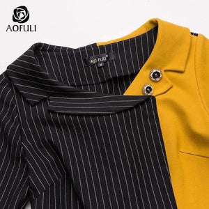 Aofuli M- 3Xl 4Xl Runway Design Asymmetrical Dress Plus Size Autumn Long Sleeve Knee-Length Stripe Print Dress Yellow B6269