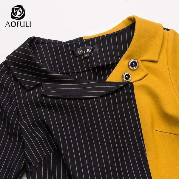 Aofuli M- 3Xl 4Xl Runway Design Asymmetrical Dress Plus Size Autumn Long Sleeve Knee-Length Stripe Print Dress Yellow B6269