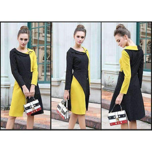 AOFULI M- 3XL 4XL Runway design asymmetrical dress Plus size autumn long sleeve knee-length stripe print dress Yellow B6269