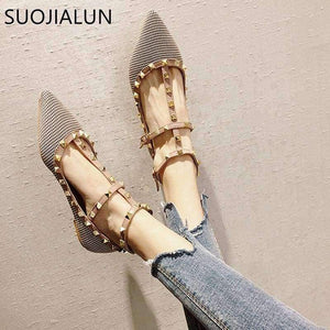 Planet Gates Black / 5 SUOJIALUN 2018 New Fashion Autumn Women  Flats Shoes Slip On Sandals Pointed Closed Toe Rivet Ankle Buckle Flat Heel Shoes