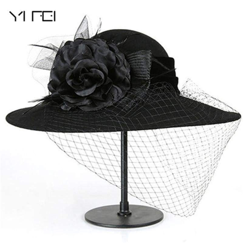Planet Gates black / 56-58cm Women 100% Wool Felt Hats 1920s Vintage flower Derby Church Bucket hats Elegant Fashion classic chapeau veil Formal hat