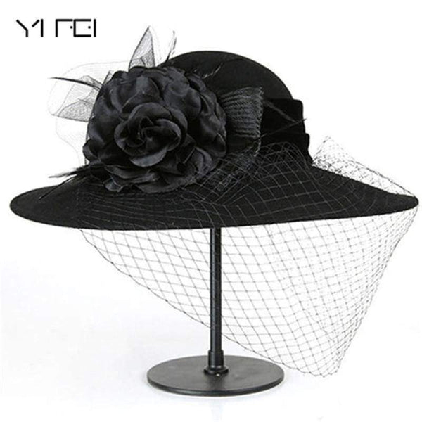 Planet Gates black / 56-58cm Women 100% Wool Felt Hats 1920s Vintage flower Derby Church Bucket hats Elegant Fashion classic chapeau veil Formal hat