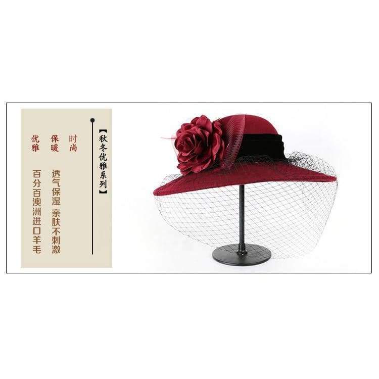 Planet Gates black / 56-58cm Women 100% Wool Felt Hats 1920s Vintage flower Derby Church Bucket hats Elegant Fashion classic chapeau veil Formal hat