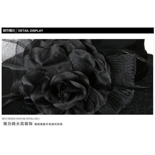 Planet Gates black / 56-58cm Women 100% Wool Felt Hats 1920s Vintage flower Derby Church Bucket hats Elegant Fashion classic chapeau veil Formal hat