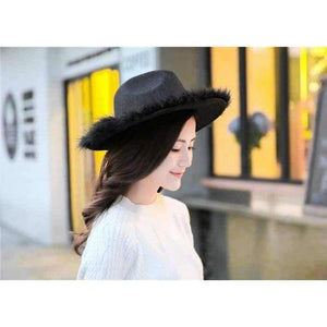 Planet Gates black / 56to58cm Spring Winter Ladies Wool Feodra Hat Womens Ostrich Hair Edge Jazz Fedoras Hat For Women Large Brim Cowboy Panama Fedoras