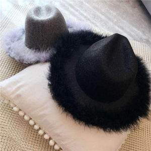 Planet Gates black / 56to58cm Spring Winter Ladies Wool Feodra Hat Womens Ostrich Hair Edge Jazz Fedoras Hat For Women Large Brim Cowboy Panama Fedoras