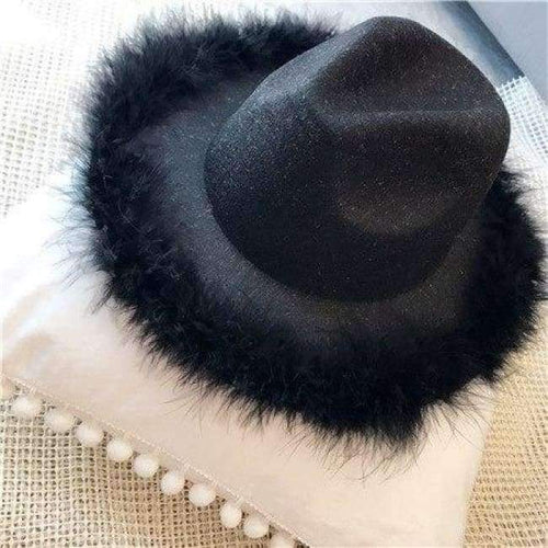 Planet Gates black / 56to58cm Spring Winter Ladies Wool Feodra Hat Womens Ostrich Hair Edge Jazz Fedoras Hat For Women Large Brim Cowboy Panama Fedoras