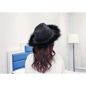 Planet Gates black / 56to58cm Spring Winter Ladies Wool Feodra Hat Womens Ostrich Hair Edge Jazz Fedoras Hat For Women Large Brim Cowboy Panama Fedoras