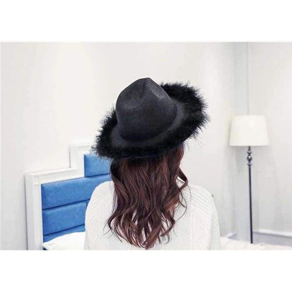 Planet Gates black / 56to58cm Spring Winter Ladies Wool Feodra Hat Womens Ostrich Hair Edge Jazz Fedoras Hat For Women Large Brim Cowboy Panama Fedoras