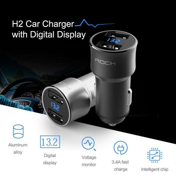 Planet Gates black 5V3.4A Digital Display Car Charger, ROCK Screen Digital Readout Dual USB Car-Charger 2 ports car phone charger Clearance 49%