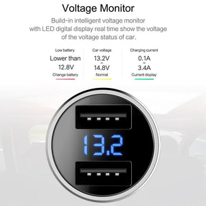 Planet Gates black 5V3.4A Digital Display Car Charger, ROCK Screen Digital Readout Dual USB Car-Charger 2 ports car phone charger Clearance 49%