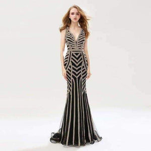 Planet Gates Black / 6 Beauty Silver Beading Mermaid Evening Dresses Sexy Tulle V-Neck Long Women Important Party Dress Luxury Prom Gowns OL476