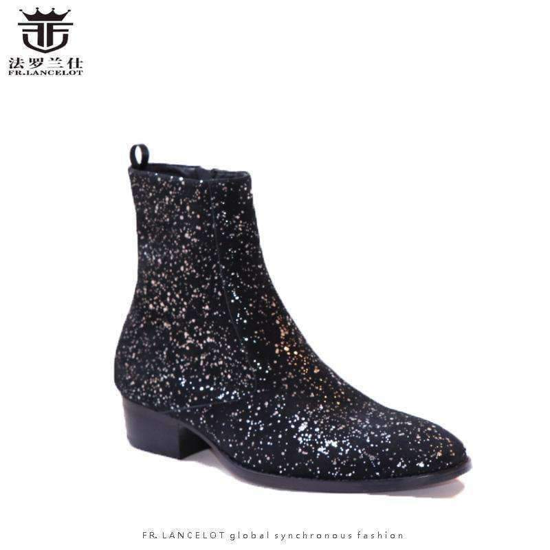 Planet Gates Black / 6 FR.LANCELOT 2018 New sequin leather men booties zip up Chelsea Boots black bling Ankle Boots Men's glitter party shoes vintage